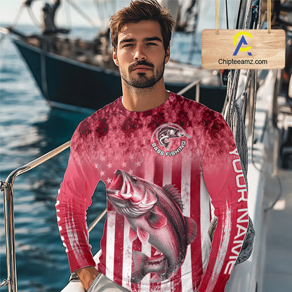 Custom Bass Fishing Shirt 3D Personalized Team Name Long Sleeve UV Protection Fishing Jersey|Red 