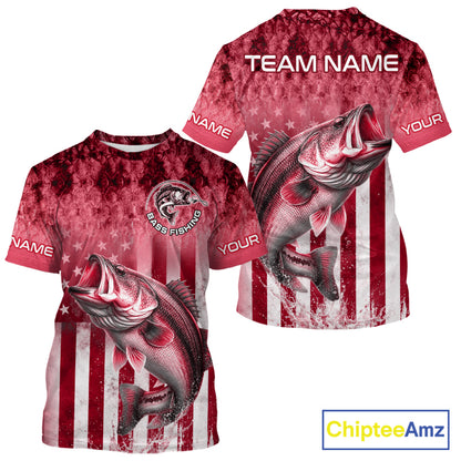 Red Custom Bass Shirt 3D Personalized Team Name Fishing T - Shirt UV Protection Fishing Jersey, Patriotic Fishing Shirt