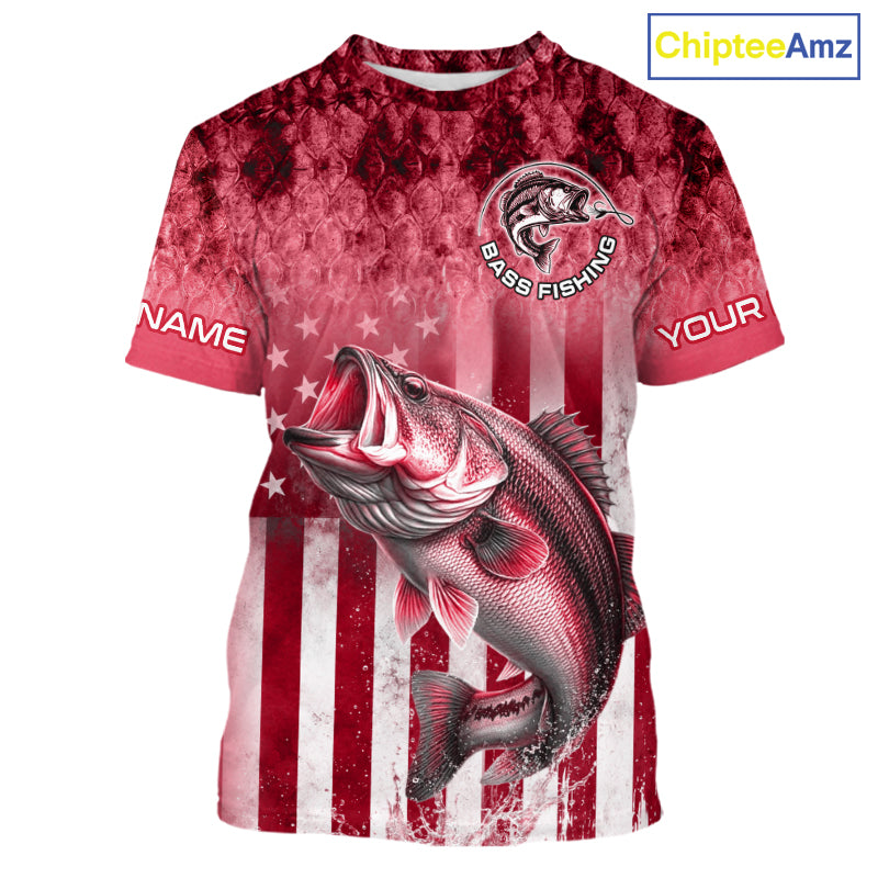 Red Custom Bass Shirt 3D Personalized Team Name Fishing T - Shirt UV Protection Fishing Jersey, Patriotic Fishing Shirt