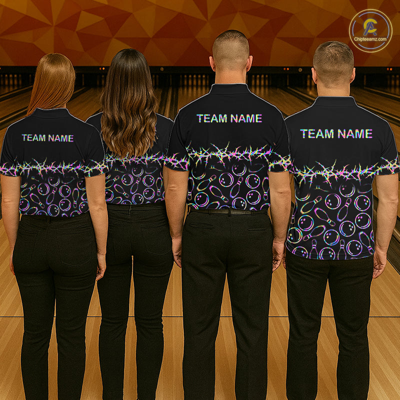 Personalized Bowling Shirt Black Neon Bowling Ball Custom Team Polo For Women NHT1269