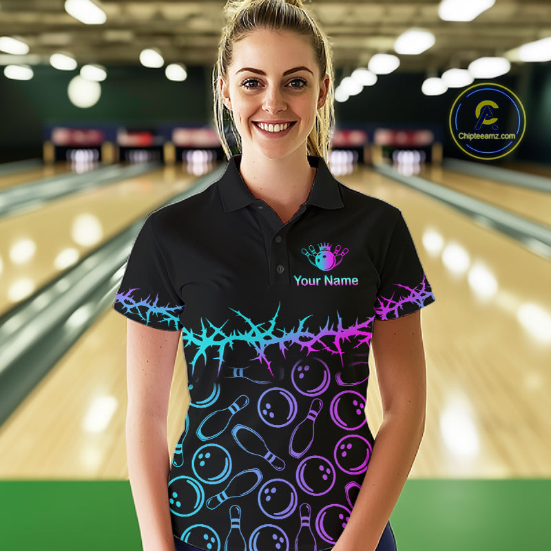 Personalized Bowling Shirt Black Cyan Purple Bowling Ball Team Polo For Women NHT1270