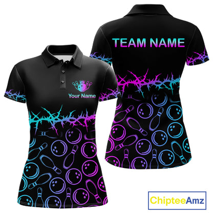 Black short-sleeve polo shirt shown from the front and back, featuring neon blue, purple, and pink bowling-themed graphics including bowling pins, bowling balls, a bowling pin silhouette, and customizable text areas reading 'TEAM NAME' and 'Your Name'.