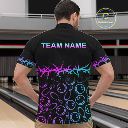 Personalized Bowling Shirt Black Cyan Purple Bowling Ball Team Polo For Men NHT1270