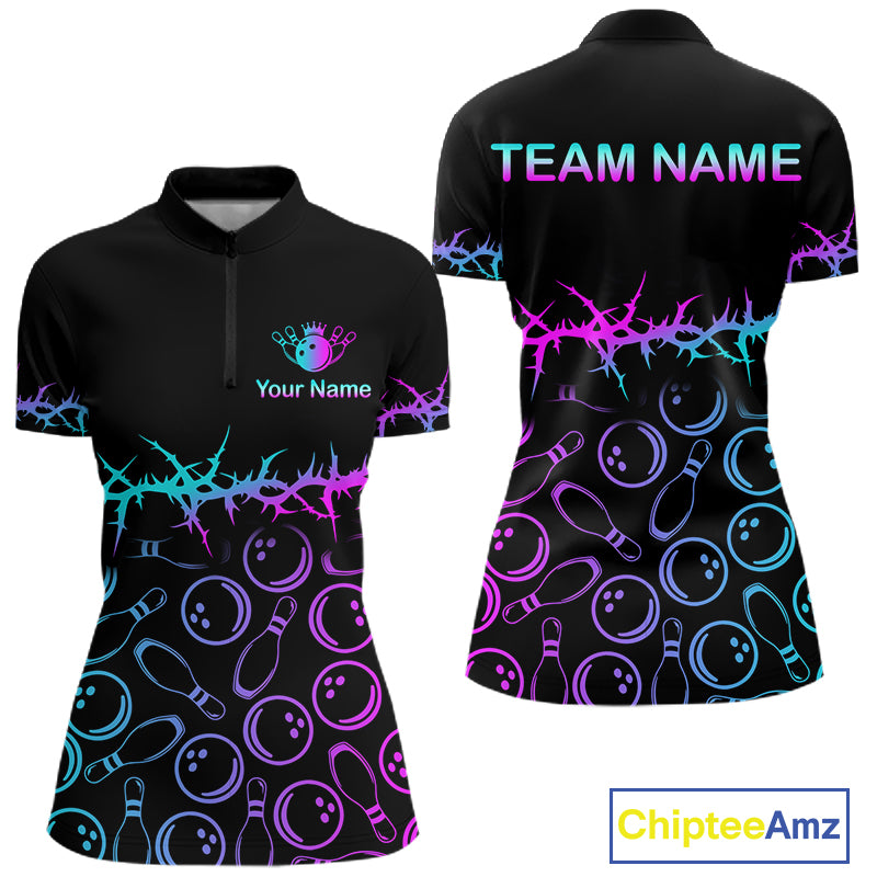 Black short-sleeve polo shirt shown from front and back on a white background, with bowling pin and ball patterns in neon blue, purple, and pink, plus customizable text areas reading TEAM NAME and Your Name. A ChipteeAmz logo appears in the bottom right.
