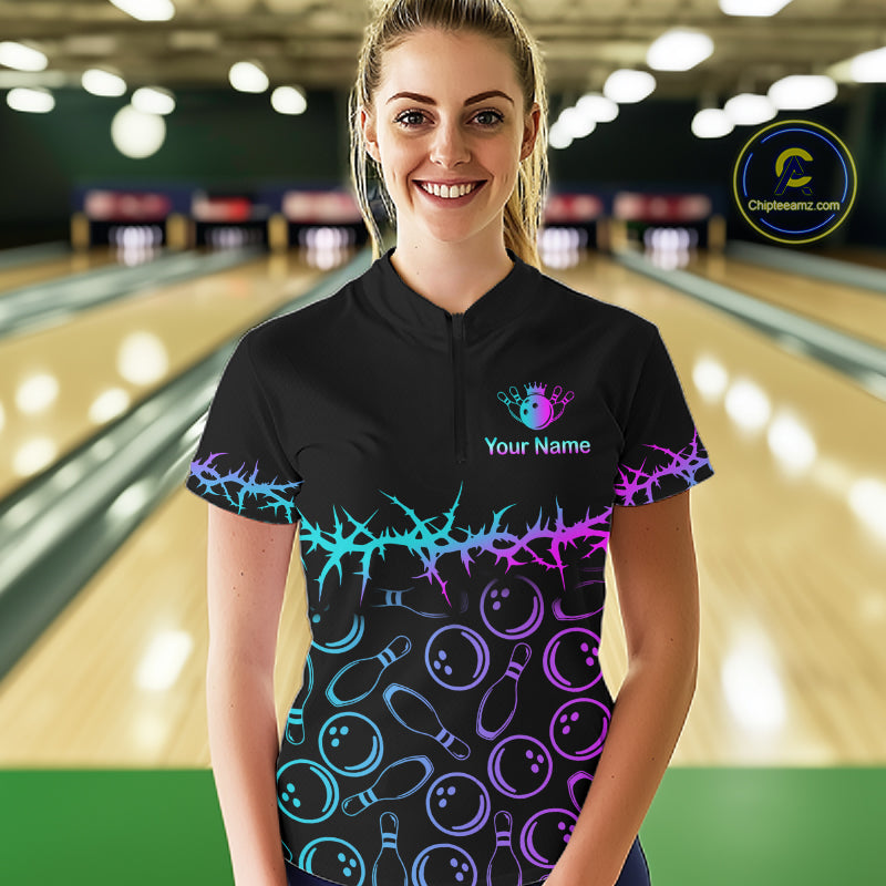 Personalized Bowling Shirt Black Cyan Purple Bowling Ball Team Polo For Women NHT1270