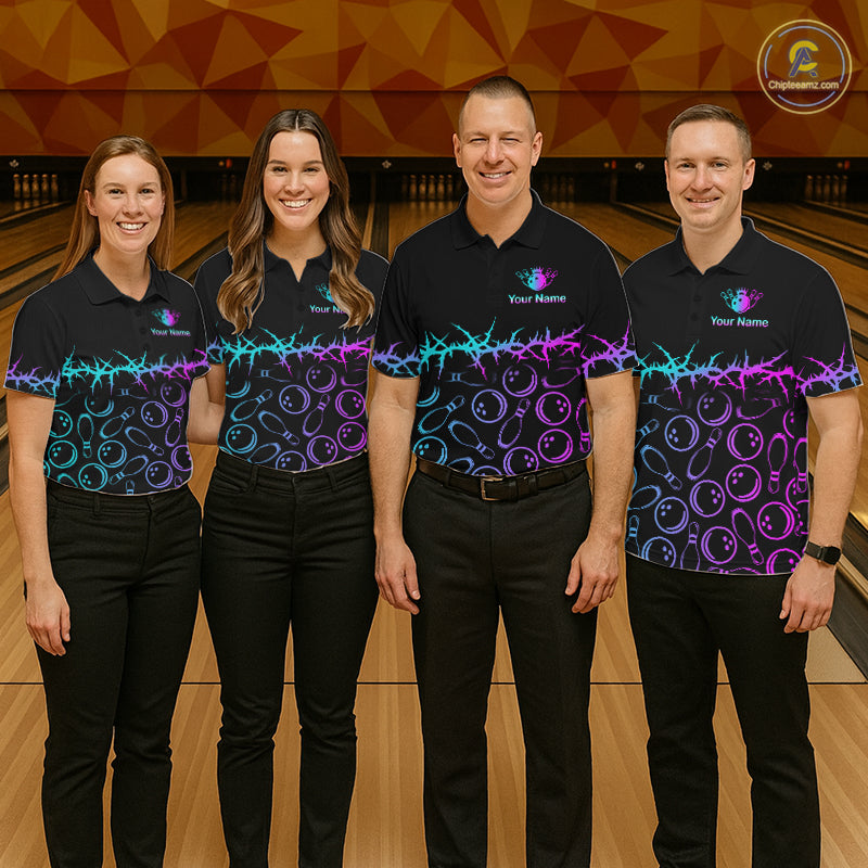 Personalized Bowling Shirt Black Cyan Purple Bowling Ball Team Polo For Women NHT1270