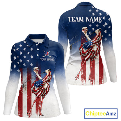 Custom American Flag Ostrich Long Sleeve Womens Golf Polo Shirt – Funny Patriotic Golf Team Shirt Personalized Gift 