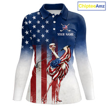 Load image into Gallery viewer, Custom American Flag Ostrich Long Sleeve Womens Golf Polo Shirt – Funny Patriotic Golf Team Shirt Personalized Gift 