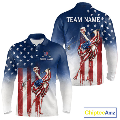 Custom American Flag Ostrich Long Sleeve Mens Golf Polo Shirt – Funny Patriotic Golf Team Shirt Personalized Gift 