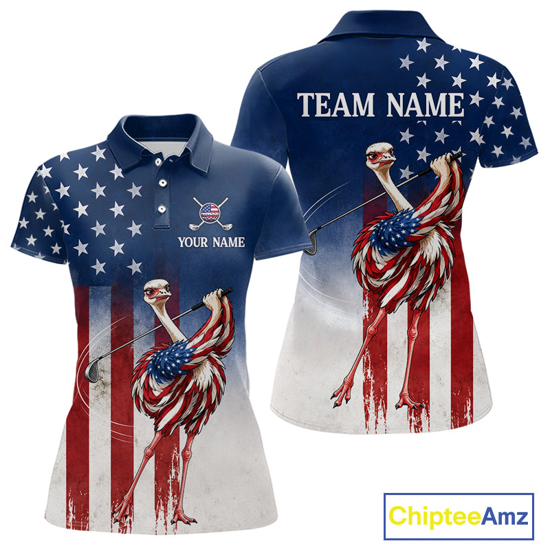 Custom American Flag Ostrich Womens Golf Polo Shirt – Funny Patriotic Golf Team Shirt Personalized Gift 