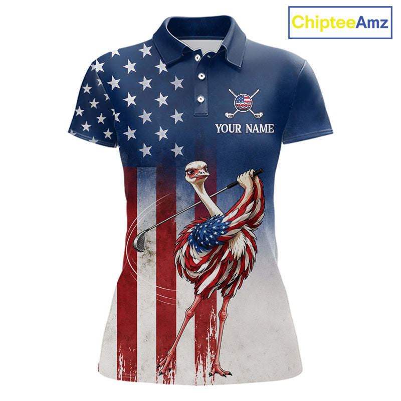 Custom American Flag Ostrich Womens Golf Polo Shirt – Funny Patriotic Golf Team Shirt Personalized Gift 