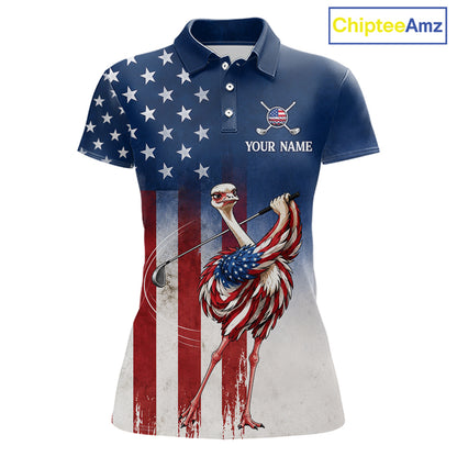 Custom American Flag Ostrich Womens Golf Polo Shirt – Funny Patriotic Golf Team Shirt Personalized Gift 