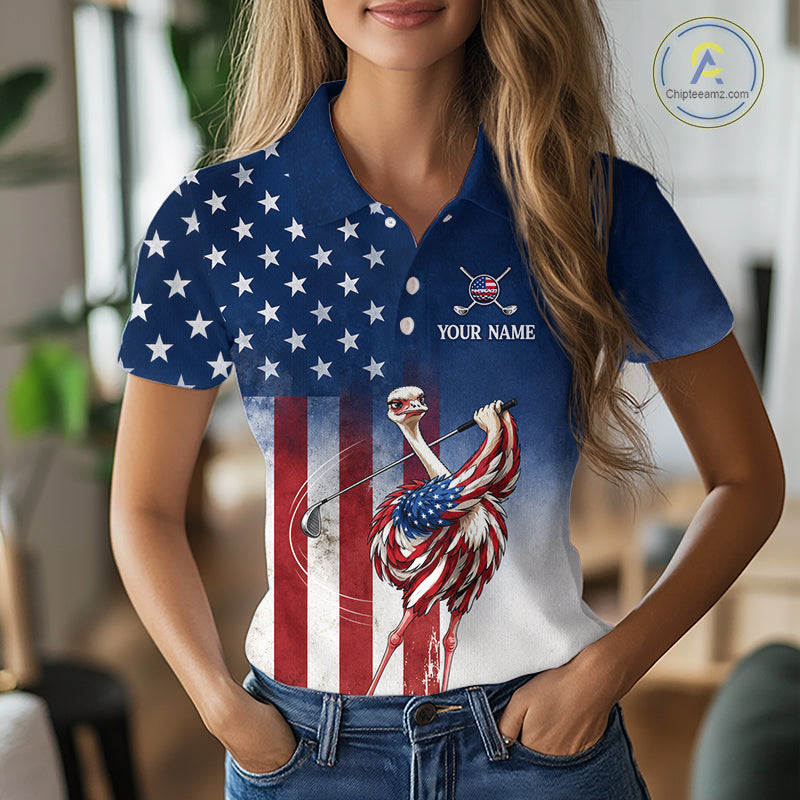 Person wearing a polo shirt with an American flag design and customizable text.