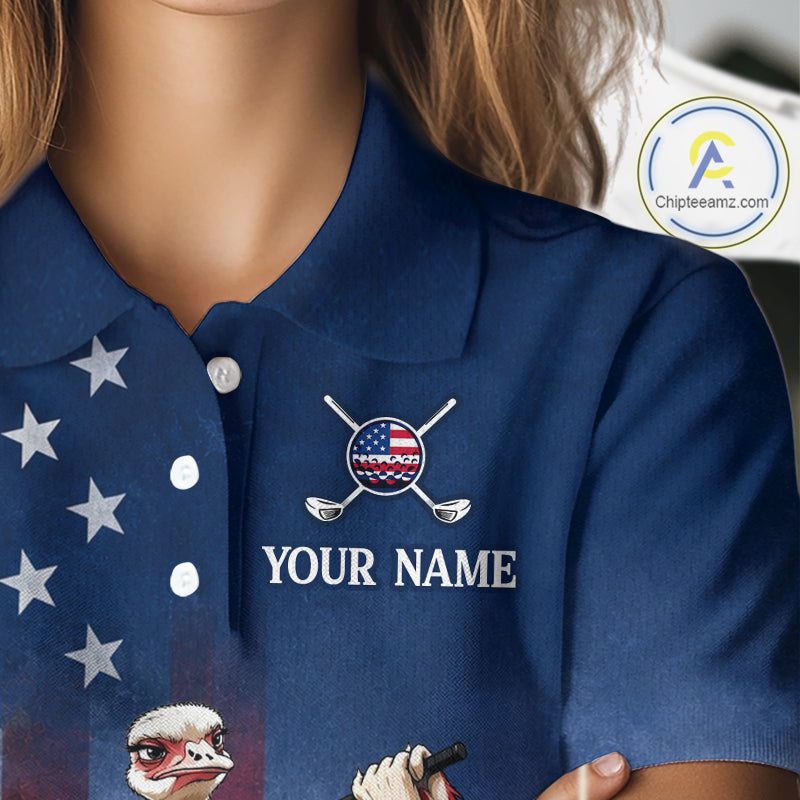 Blue polo shirt with American flag design and customizable text on a mannequin.