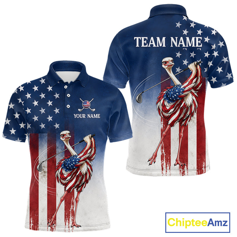 Custom American Flag Ostrich Mens Golf Polo Shirt – Funny Patriotic Golf Team Shirt Personalized Gift 