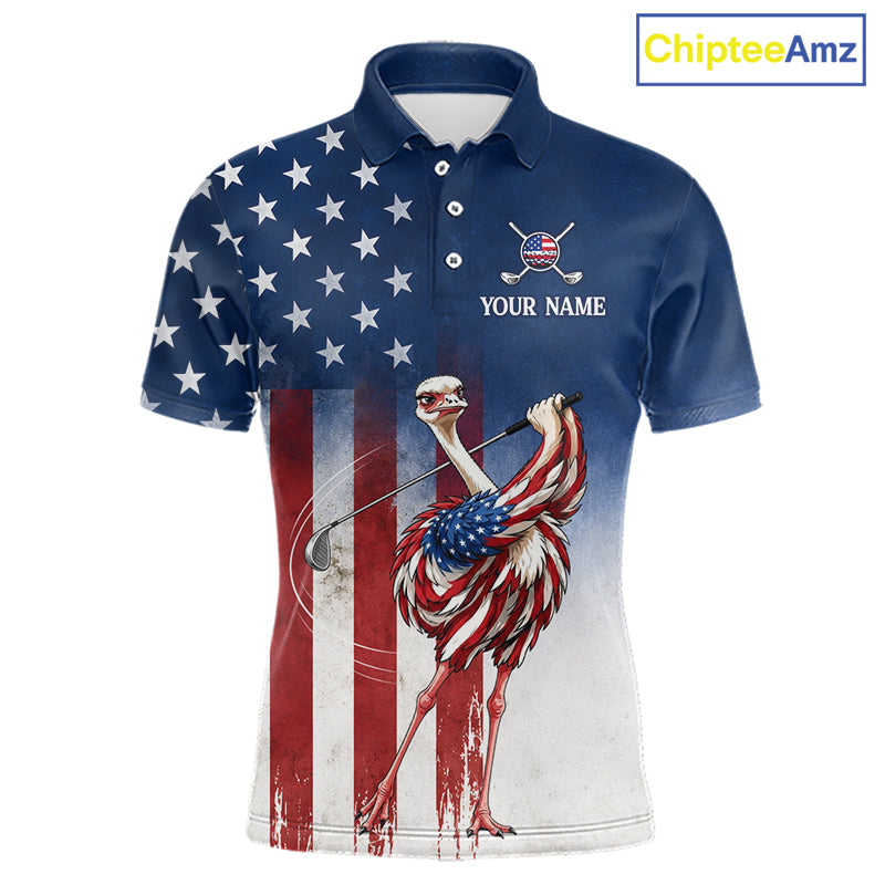 Custom American Flag Ostrich Mens Golf Polo Shirt – Funny Patriotic Golf Team Shirt Personalized Gift 