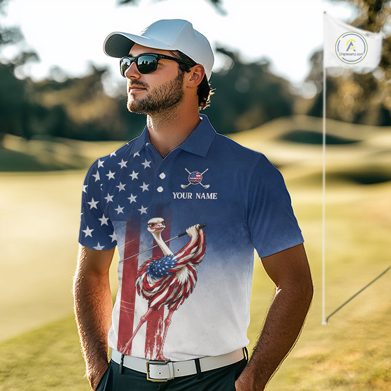 Man on a golf course wearing a custom polo shirt with an American flag design.