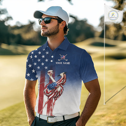 Man on a golf course wearing a custom polo shirt with an American flag design.