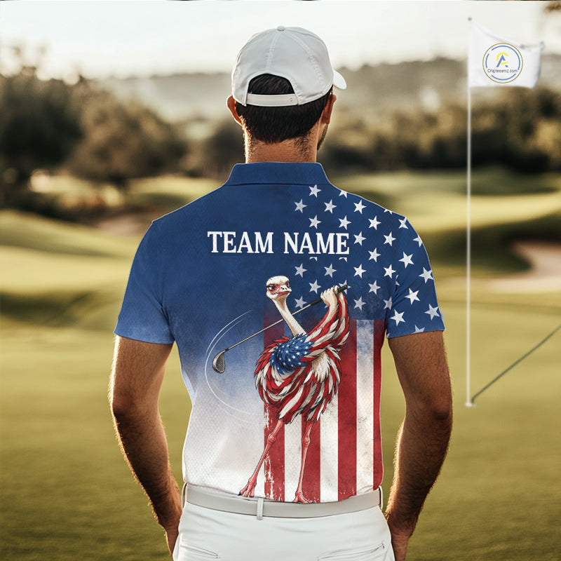 Man on a golf course wearing a custom polo shirt with an American flag design.