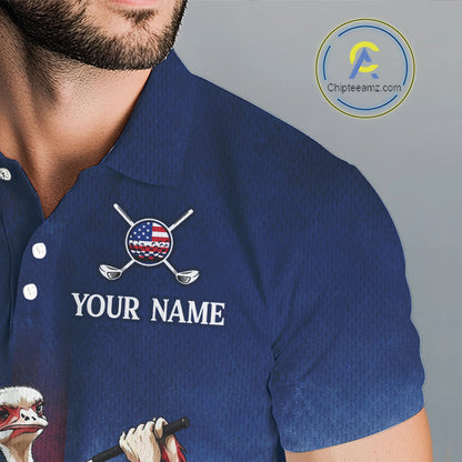 Blue polo shirt with golf-themed design and 'Your Name' text on a gray background