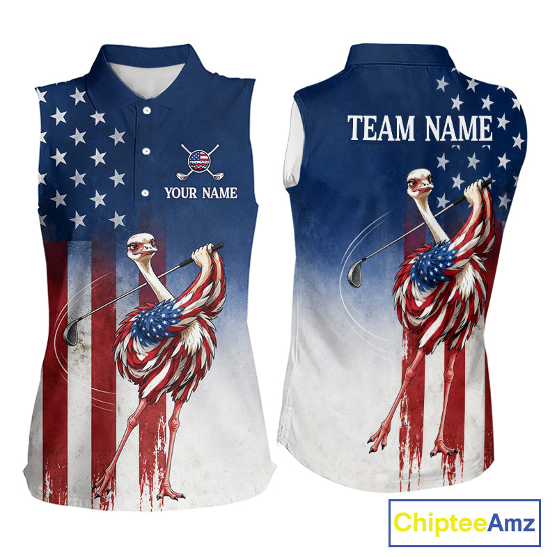 Custom American Flag Ostrich Womens Sleeveless Golf Polo Shirt – Funny Patriotic Golf Team Shirt Personalized Gift 