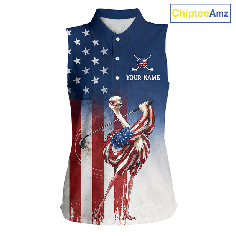 Custom American Flag Ostrich Womens Sleeveless Golf Polo Shirt – Funny Patriotic Golf Team Shirt Personalized Gift 