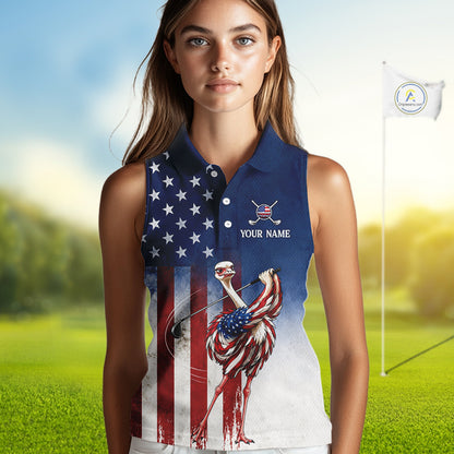 Person wearing a custom polo shirt with an American flag design and golf club, on a golf course background.