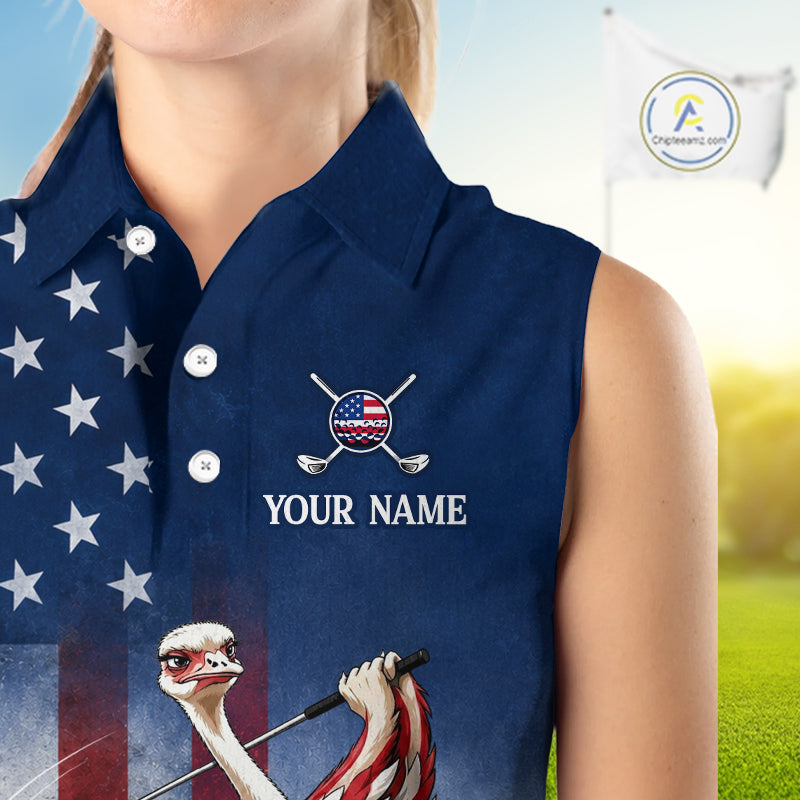 Navy blue sleeveless golf shirt with American flag design and customizable text on a blurred golf course background.