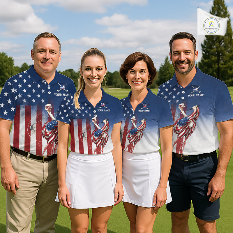 Custom American Flag Ostrich Mens Golf Polo Shirt – Funny Patriotic Golf Team Shirt Personalized Gift NHT1133