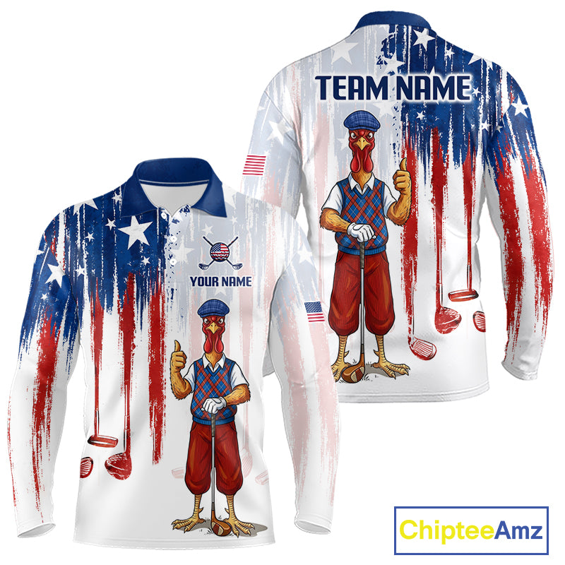 Front and back view funny rooster American Flag golf white mens long sleeve golf polo shirt custom name