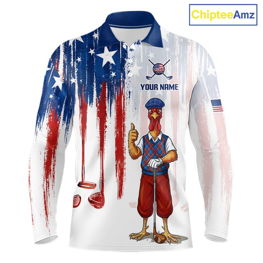 Front view funny rooster American Flag golf white mens long sleeve golf polo shirt custom name