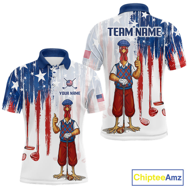 Front and back view funny rooster American Flag golf white mens golf polo shirt custom name