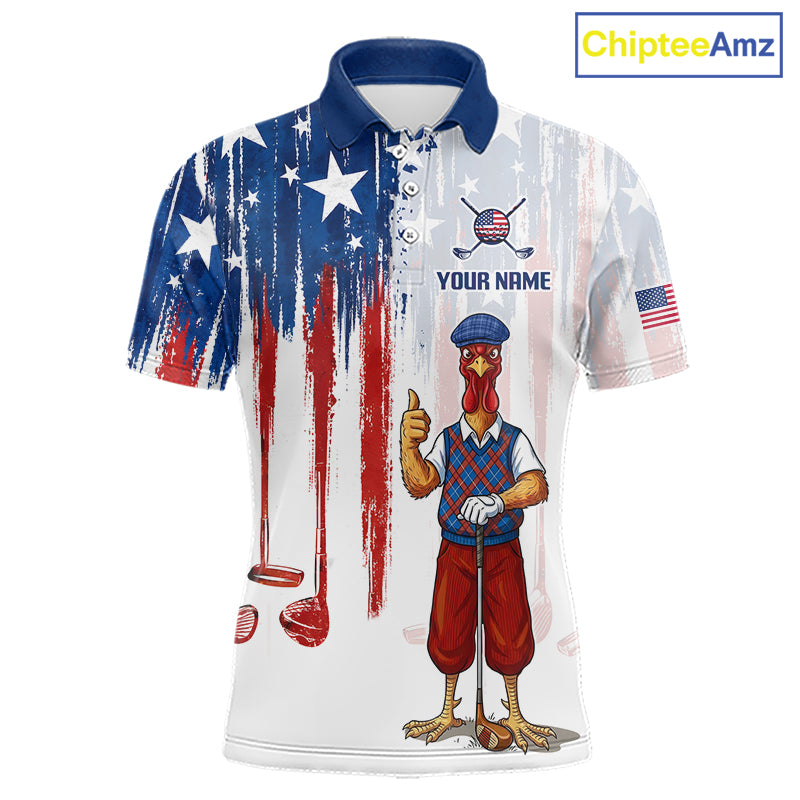 Front view funny rooster American Flag golf white mens golf polo shirt custom name