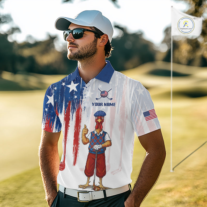 Golfer wearing funny rooster American Flag golf white mens golf polo shirt custom name on the golf course