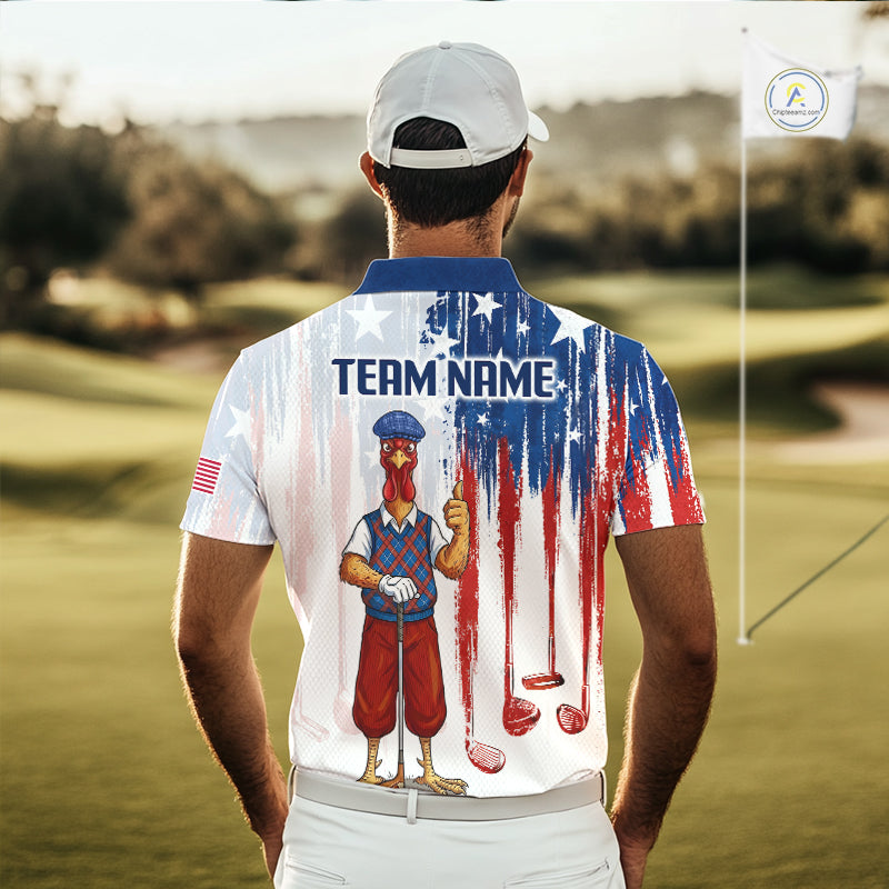 Golfer wearing funny rooster American Flag golf white mens golf polo shirt custom name on the golf course