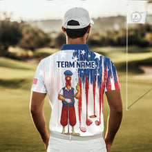 Load image into Gallery viewer, Golfer wearing funny rooster American Flag golf white mens golf polo shirt custom name on the golf course