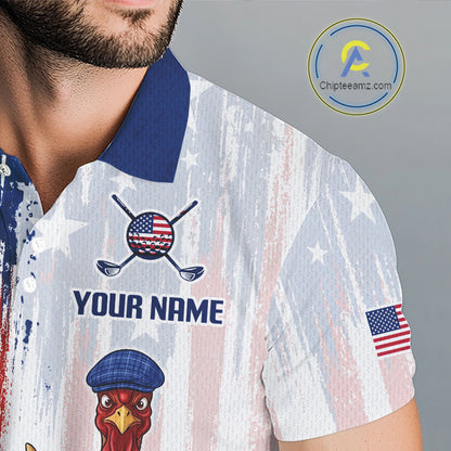 Close-up breathable polyester fabric texture on funny rooster American Flag golf white mens golf polo shirt custom name