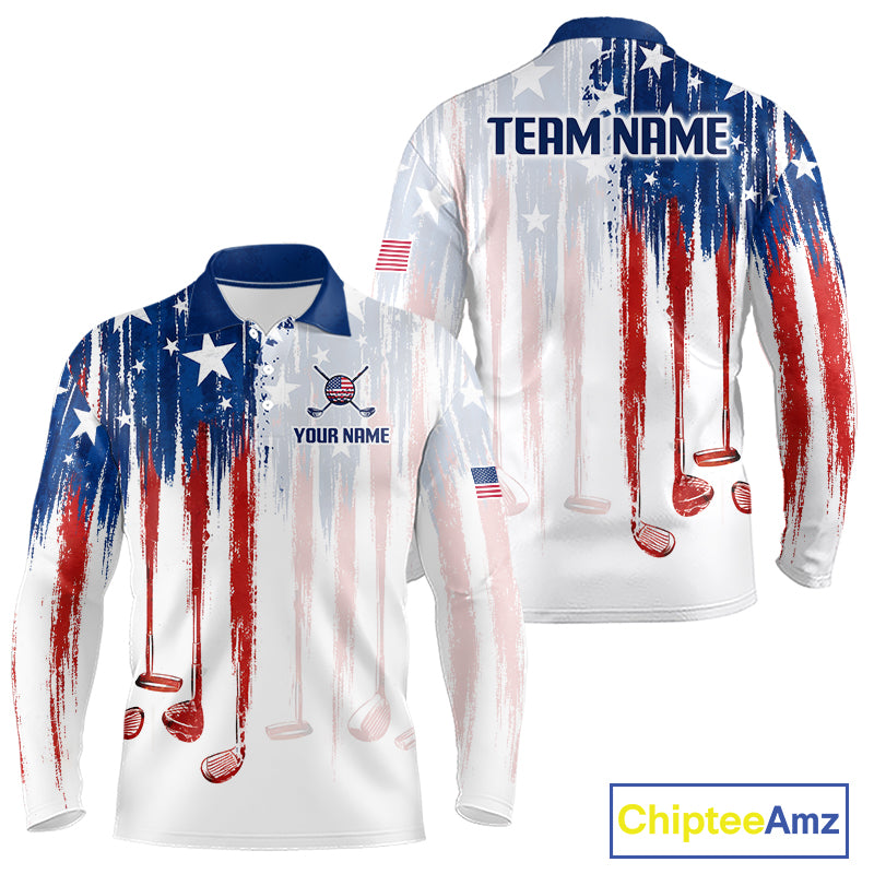 Front and back view American Flag golf white mens long sleeve golf polo shirt custom name