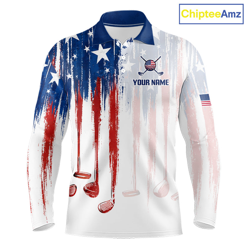 Front view American Flag golf white mens long sleeve golf polo shirt custom name