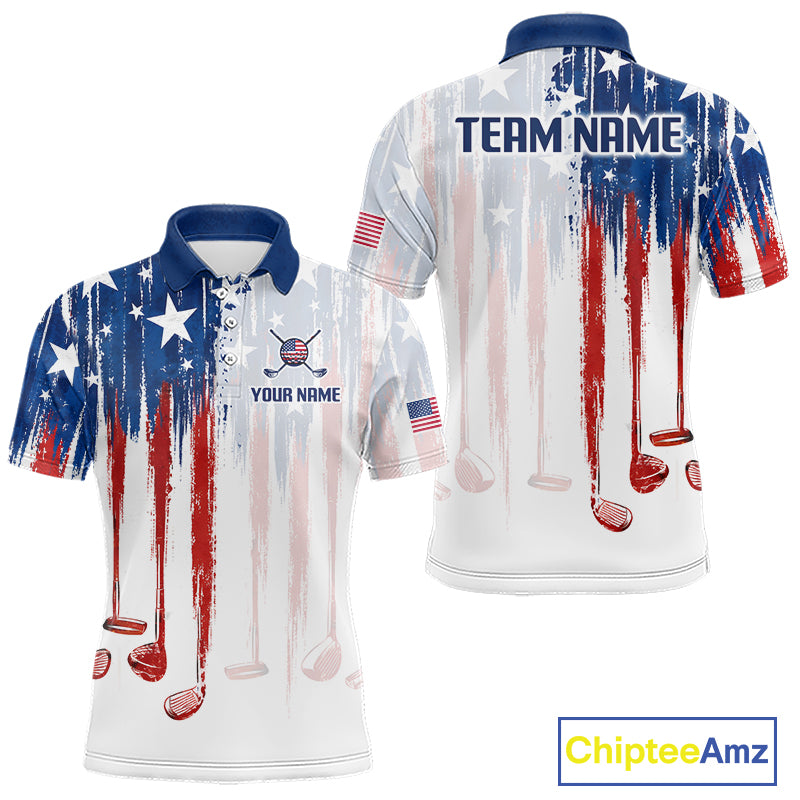 Front and back view funny rooster American Flag golf white mens golf polo shirt custom name