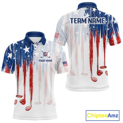 Front and back view funny rooster American Flag golf white mens golf polo shirt custom name