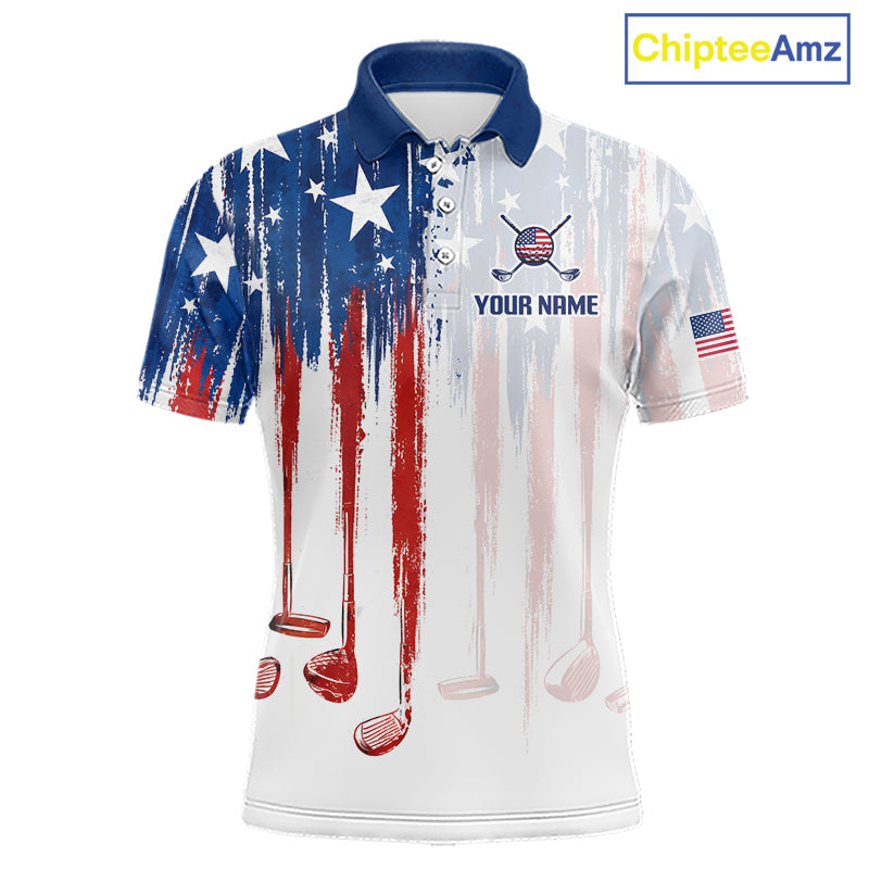 Front view American Flag golf white mens golf polo shirt custom name
