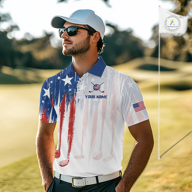 Man wearing a personalized golf shirt with American flag design on a golf course