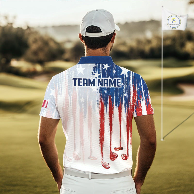 Man wearing a personalized golf shirt with American flag design on a golf course