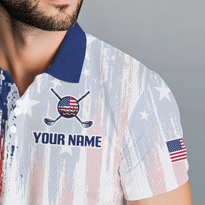 Close-up breathable polyester fabric texture on American Flag golf white mens golf polo shirt custom name