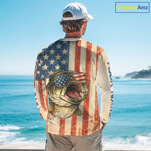 Load image into Gallery viewer, Custom Vintage Bass Funny Long Sleeve Fishing Shirt For Men,  Bass Patriotic Fishing Shirt NHT601