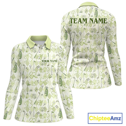 Custom Women’s Long Sleeve Golf Polo Shirt Lucky Shamrock Argyle Pattern Personalized Team Name
