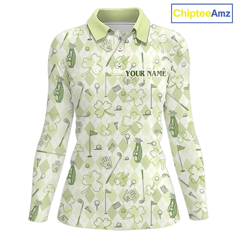 Custom Women’s Long Sleeve Golf Polo Shirt Lucky Shamrock Argyle Pattern Personalized Team Name