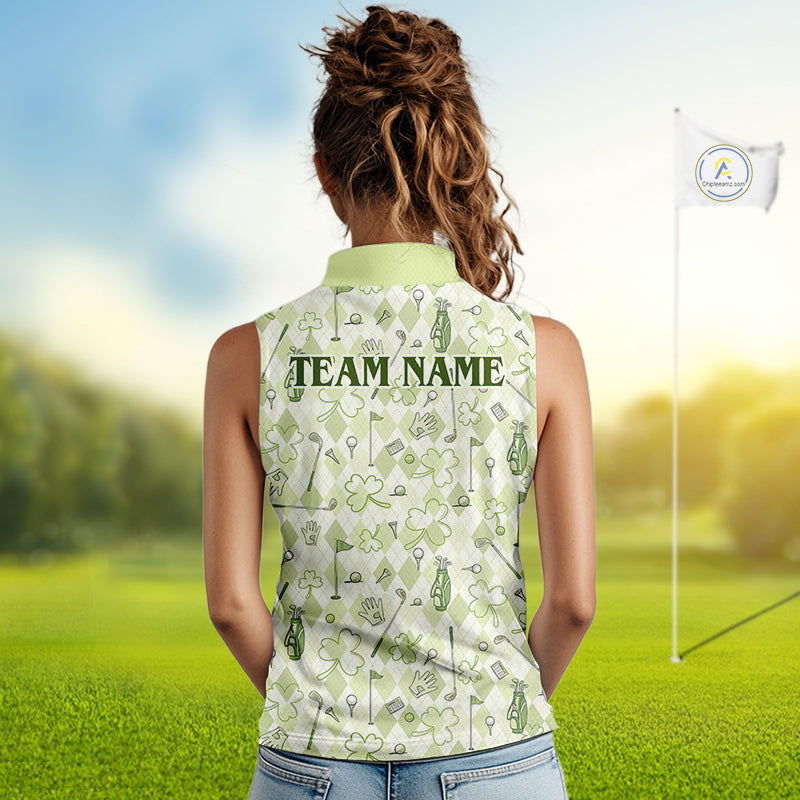 Custom Women's Sleeveless Golf Polo Shirt Lucky Shamrock Argyle Pattern Personalized Team Name