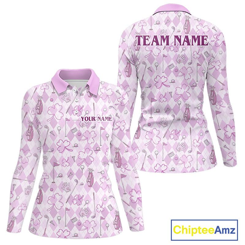 Custom Women’s Long Sleeve Golf Polo Shirt Lucky Shamrock Argyle Pattern Personalized Team Name